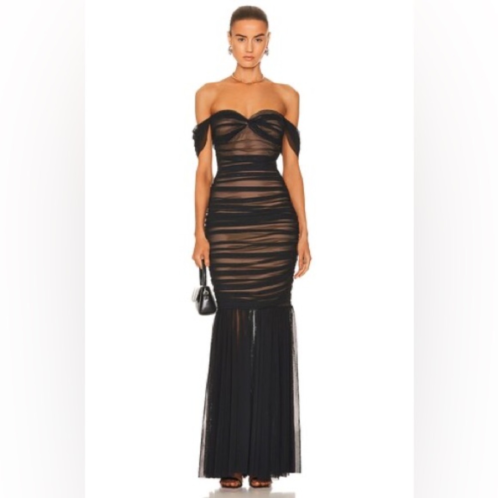 Norma Kamali Walter Dress
Black Strapless Ruched Mesh Mermaid Gown, size Small